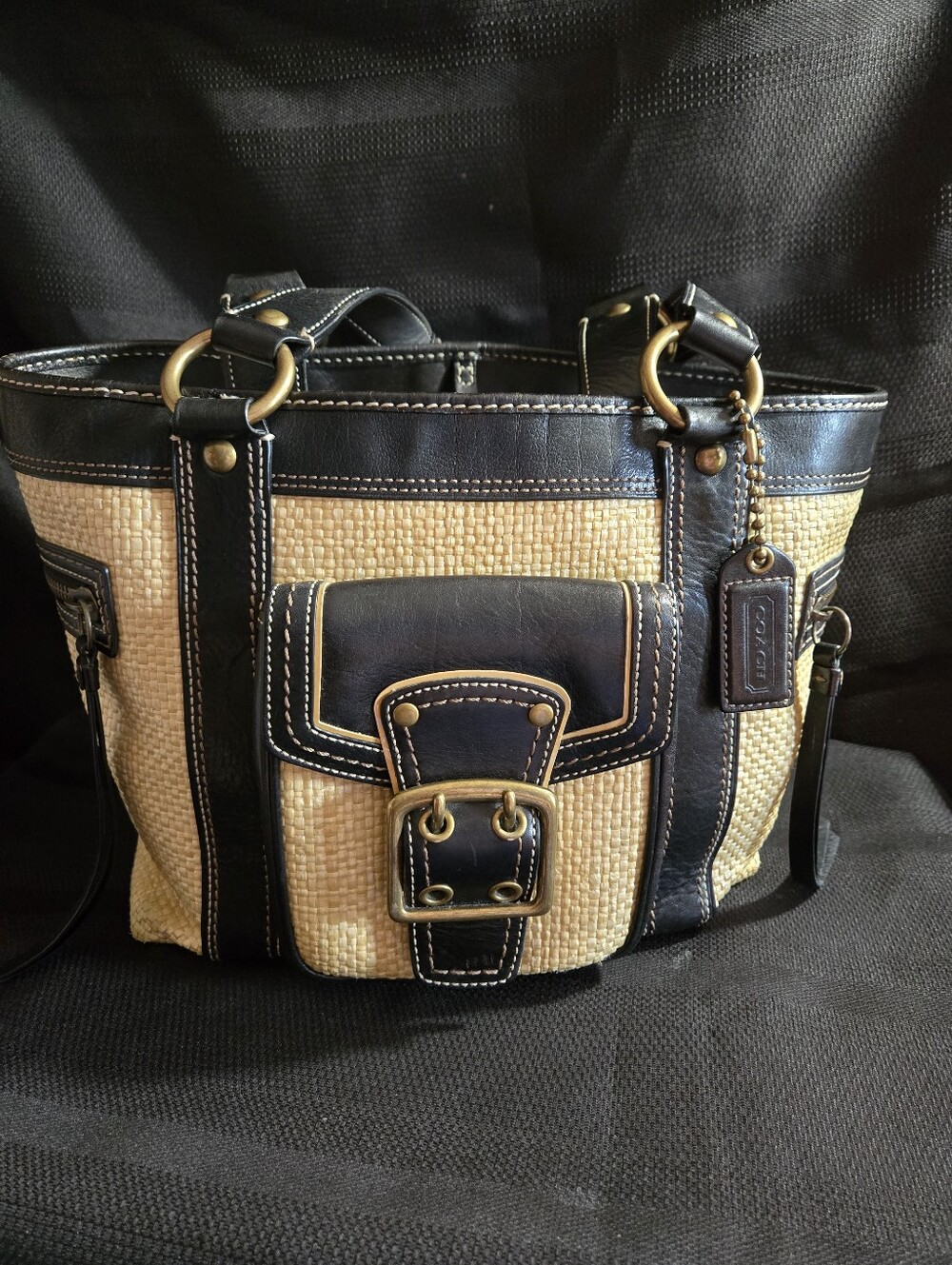 Coach Legacy Vintage Woven Straw And Black Leather Tote EUC